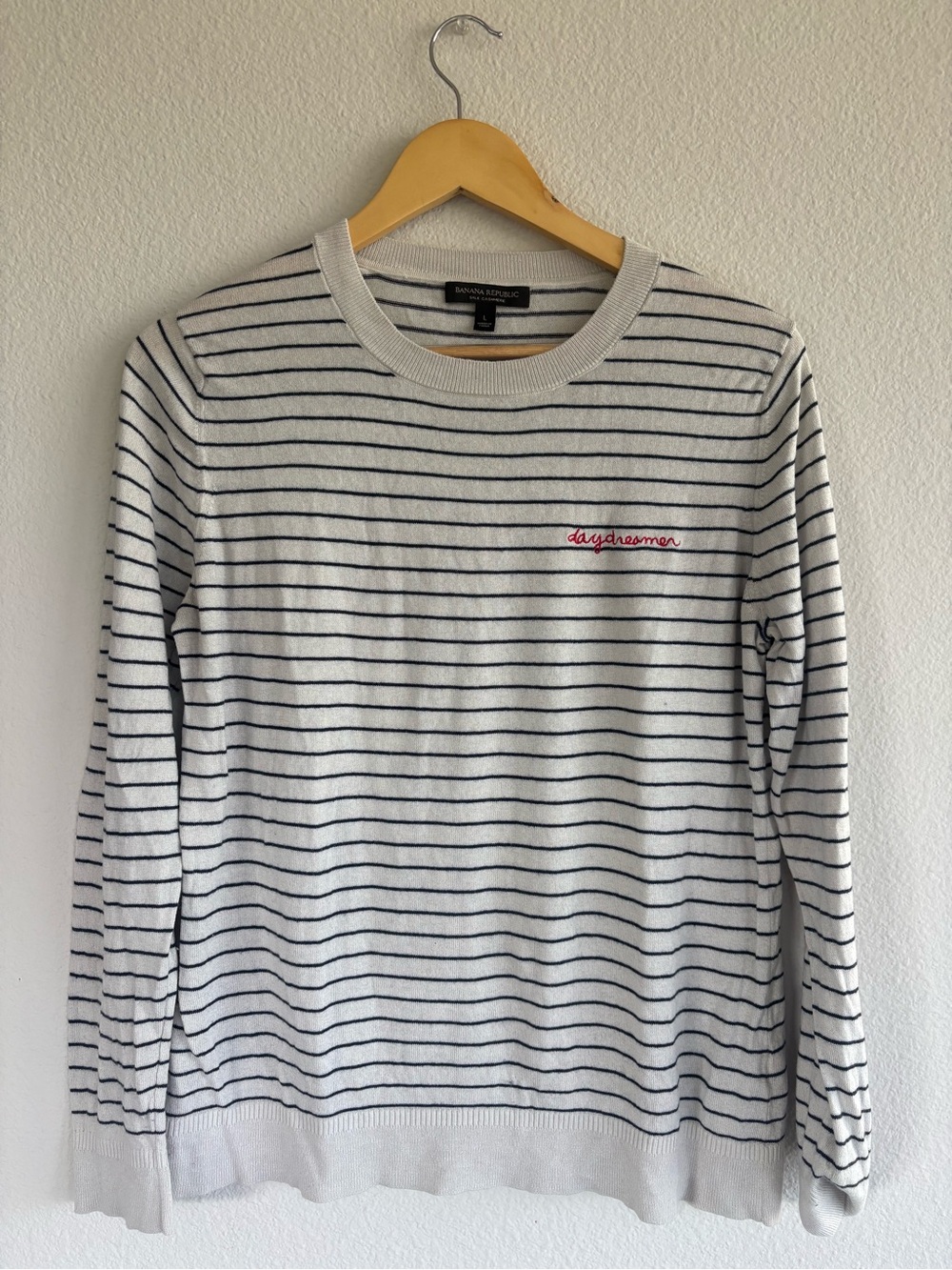 Banana Republic White Crewneck Sweater with Navy Stripes